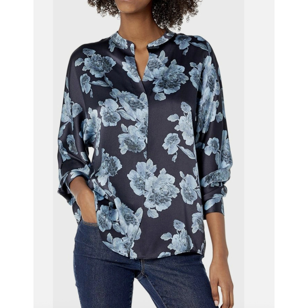 Vince Tapestry Silk Floral Popover Blouse Top XL Blue & Black Coastal